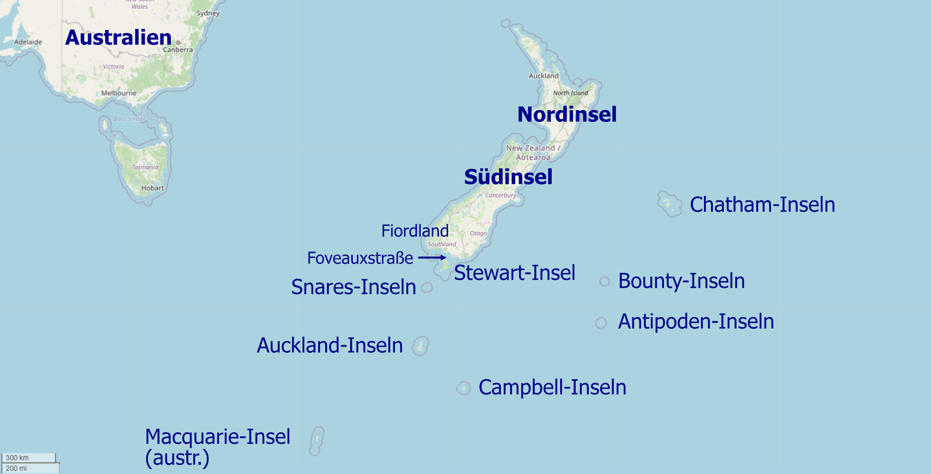 Neuseeland mit seinen umgebenden Inseln