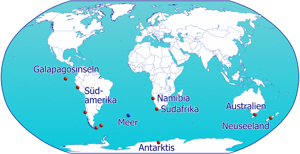 Weltkarte mit markierten Lebensräumen von Pinguinen. Weitere Infos zu den Lebensräumen über die Links auf dieser Seite.